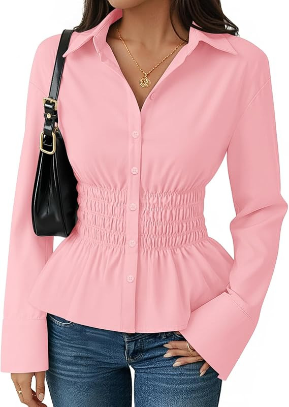 ZESICA Womens 2026 Spring Long Sleeve Blouse Business Dressy Casual Button Down Shirts Peplum Top... | Amazon (US)