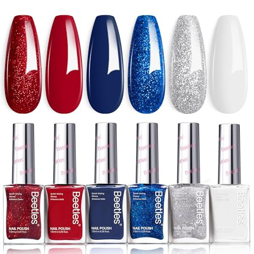 Beetles 4th of July Nail Polish - Starlight Stripes with Star Sticker, 6 Colors Red White and Blue Nail Polish Set Sparkle Glitter Fingernail, Quick Dry Long Lasting DIY Red White and Blue Nails Art | Amazon (US)