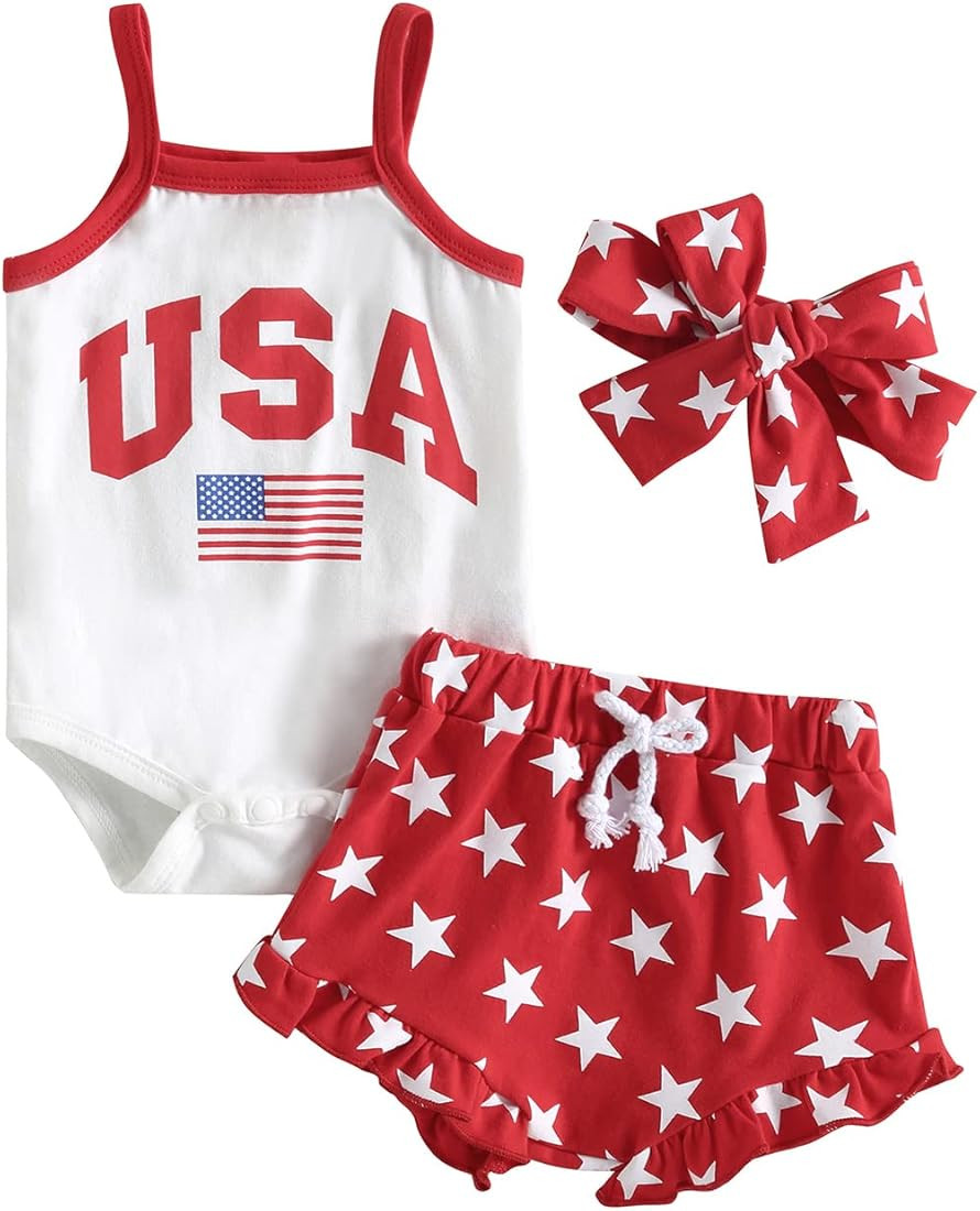 FYBITBO 4th of July Baby Girl Clothes USA Tank Top Romper America Flag Shorts Memorial Day Fourth... | Amazon (US)