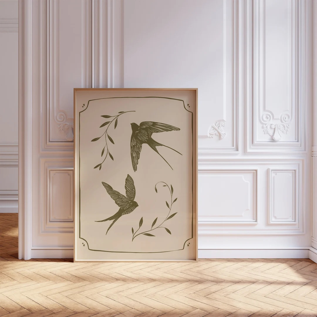Swallow print, cute bird print, swallow wall art, beige prints, antique victorian print | Etsy (US)