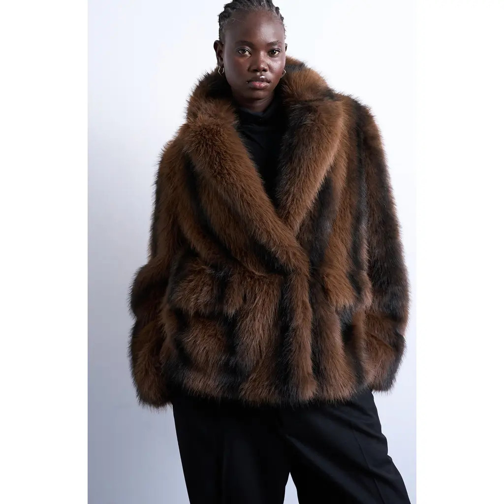 Topshop Stripe Faux Fur Jacket in Brown at Nordstrom, Size Small | Nordstrom