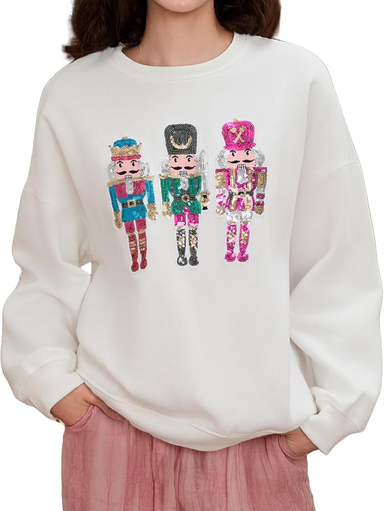 Aonoapll Women Sequin Nutcracker Sweatshirt Cute Holiday Oversized Pullover Sparkly Christmas Lon... | Amazon (US)