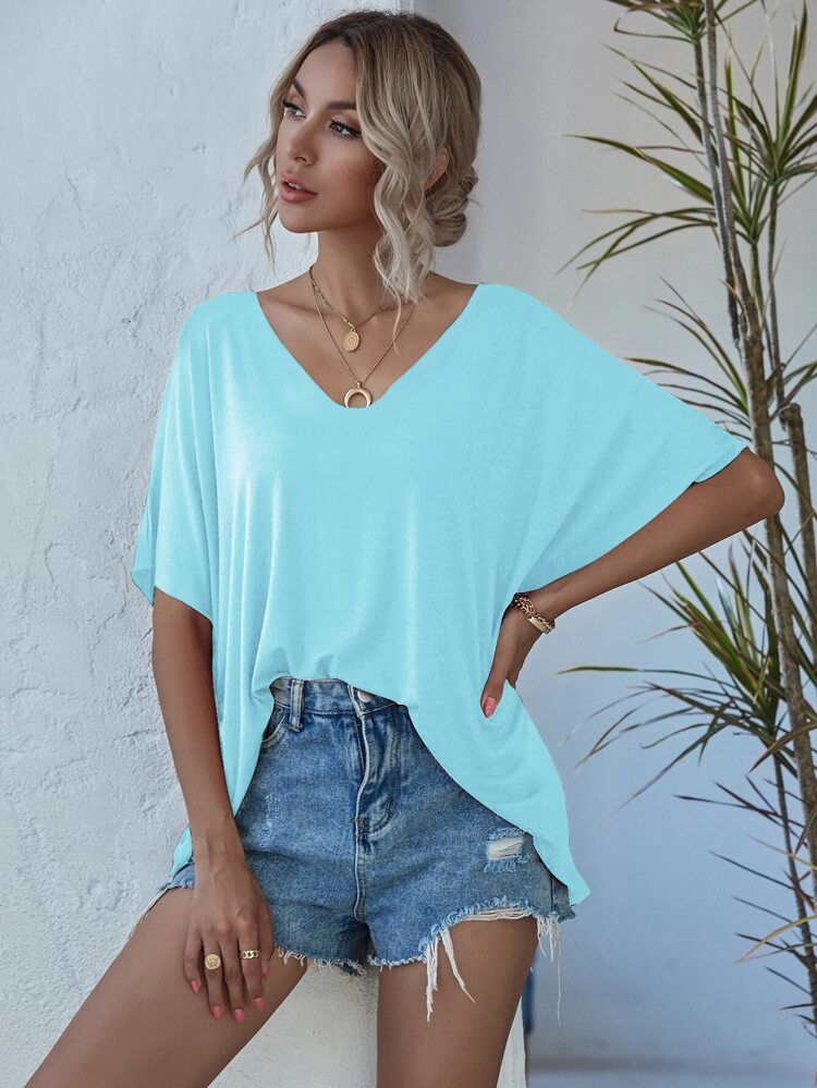 V-neck Batwing Sleeve Tee | SHEIN