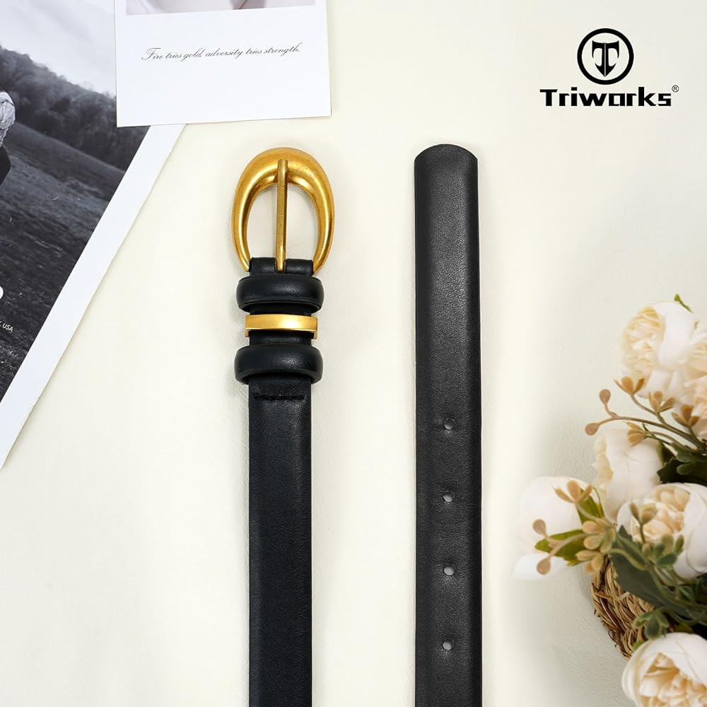 Women Leather Belt for Jeans Pants Fashion Ladies Skinny Faux Leather Dress belt with Gold Buckle | Amazon (US)