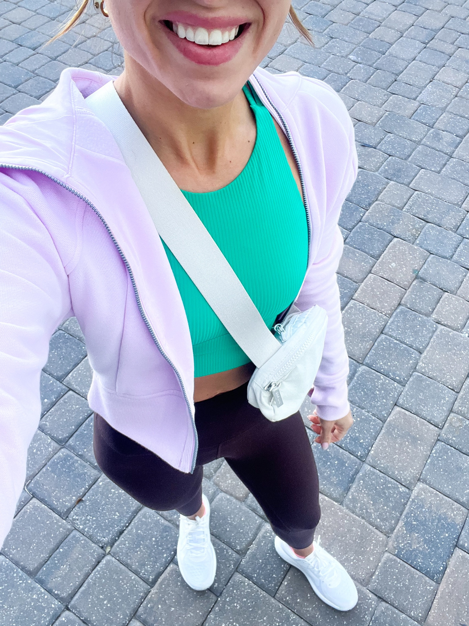 Lululemon scuba crop hoodie (I sized up to 4 based on reviews). Lululemon align 23” (sz 0, color espresso). Lululemon like a cloud ribbed (sz 4, older color). Lululemon strongfeel training shoes. Lululemon belt bag. 

#LTKshoecrush #LTKfindsunder100 #LTKfitness