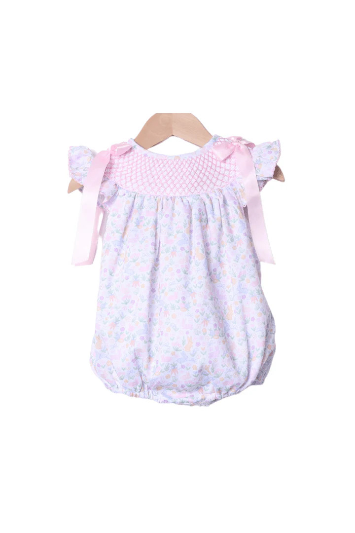 Smocked Sweet Bunny Floral Scalloped Bishop Bubble | The Smocked Flamingo