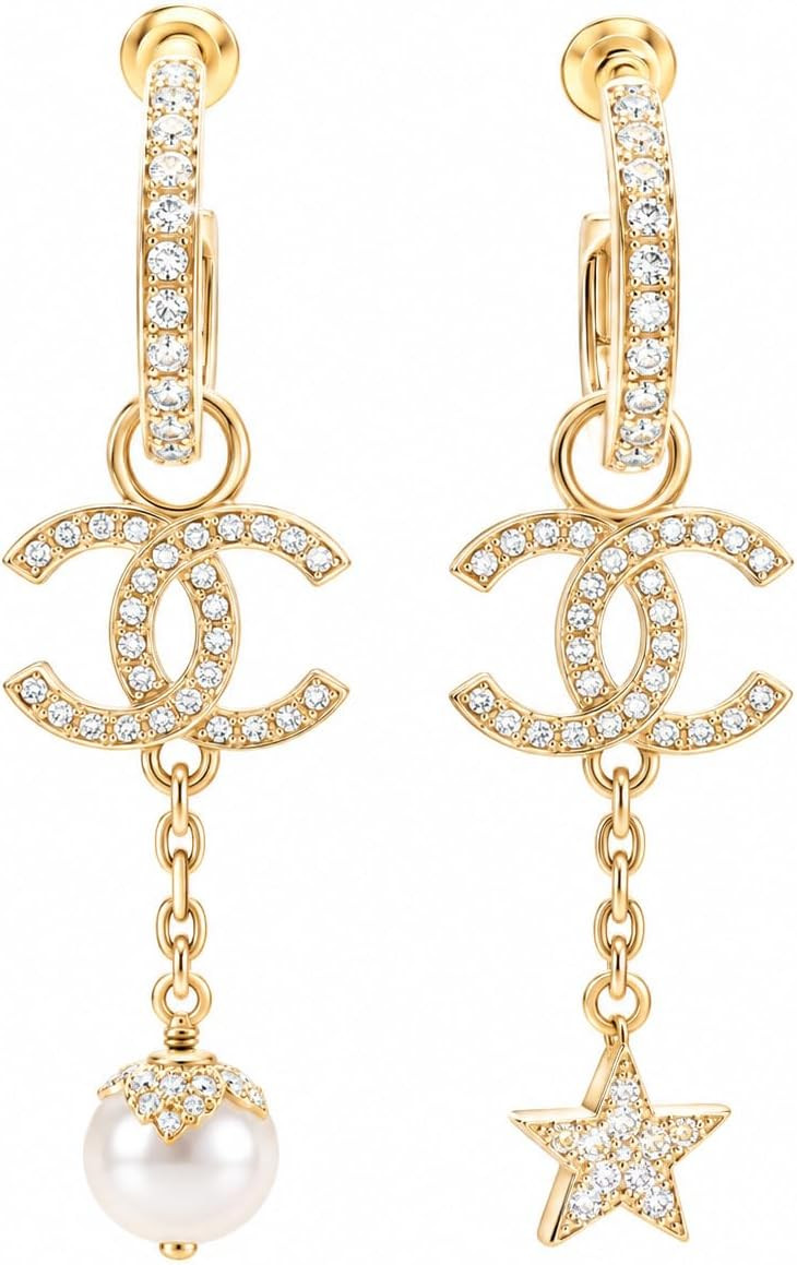 Gold-Tone Crystal Drop Earrings with Pearl & Star Charm | Crystal Embellished, Pearl Pendant, Star Charm, Hoop Style, Dangle Drop | Amazon (US)