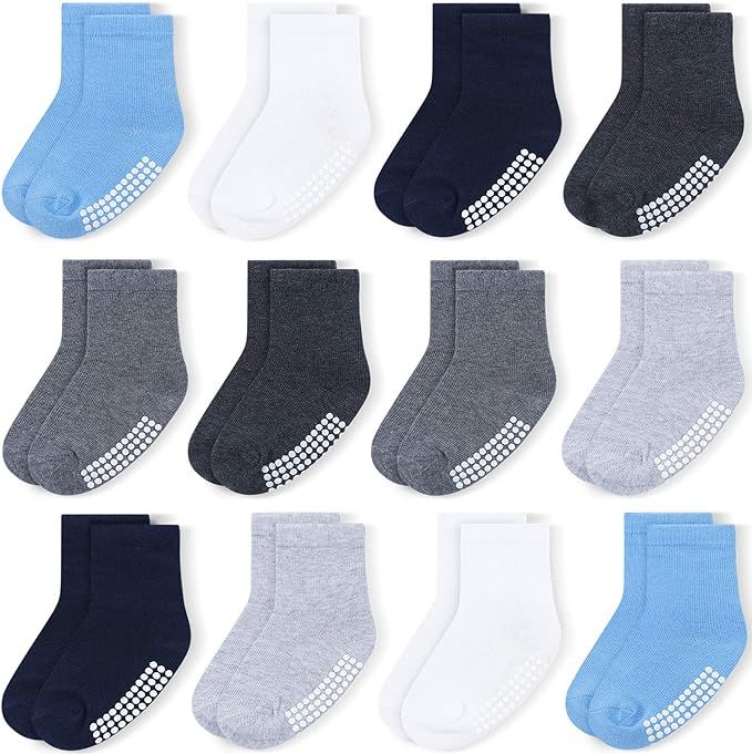 JAKIDAR 12 Pack Baby Socks Cotton Crew Toddler Socks Grips Non Slip Bottom Kids Socks | Amazon (US)