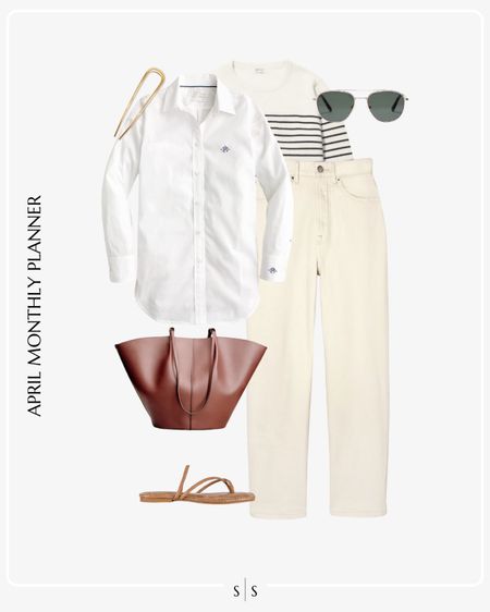 Monthly outfit planner: APRIL: Spring looks | striped sweater, white denim, tote bag, hair pin, white button up, neutral outfit 

See the entire calendar on thesarahstories.com ✨ 

#LTKstyletip