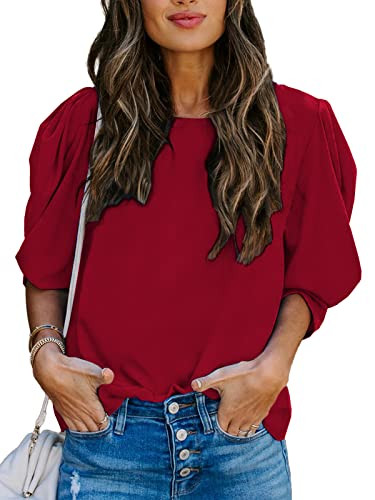 DEEP SELF Women's Round Neck Short Puff Sleeve Blouse Tops Business Casual Tops for Women Red | Amazon (US)