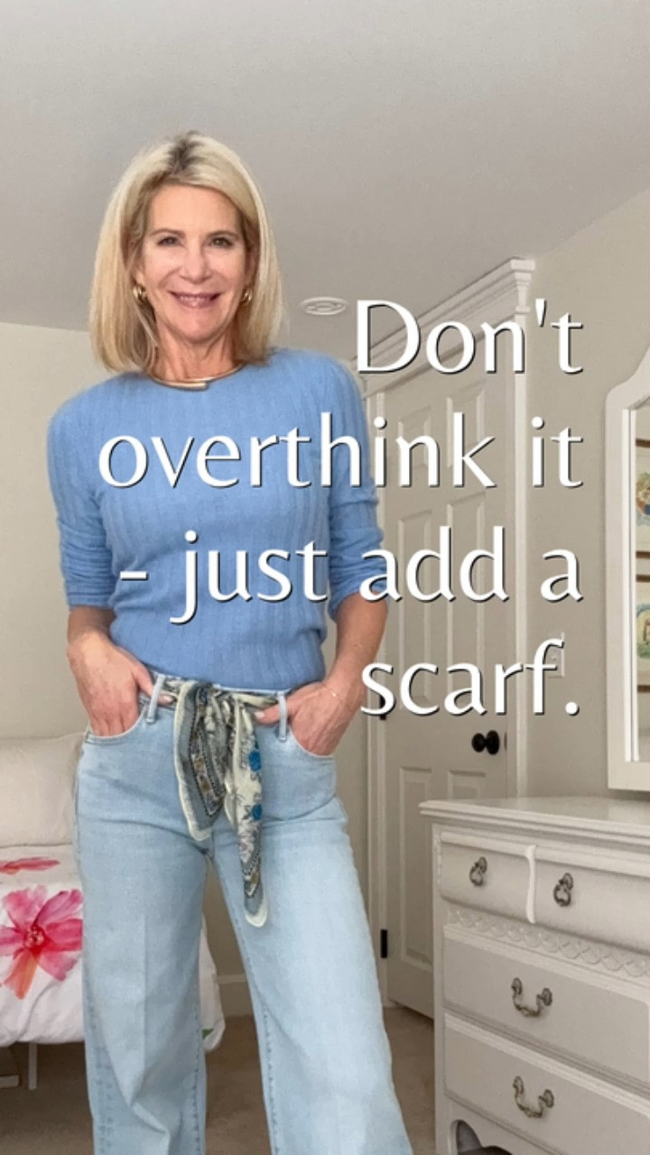  I’m not usually a scarf girl, but this one changed my mind. Soft blues, light layers, and a simple knot added just enough something to an otherwise easy outfit. Sometimes all you need is a little oomph — especially this time of year.

If you want to shop or save this look:
1. Everything I can link is in my profile.
2. Follow me on LTK @AngelaHowenstein for outfit details.
3. Browse my ShopMy storefront @AngelaHowenstein.
4. Join my newsletter at angelahowenstein.com.
5. Check my IG Stories for daily outfit links. 

 #LTKdayinmylife #LTKgrwm #LTKootd