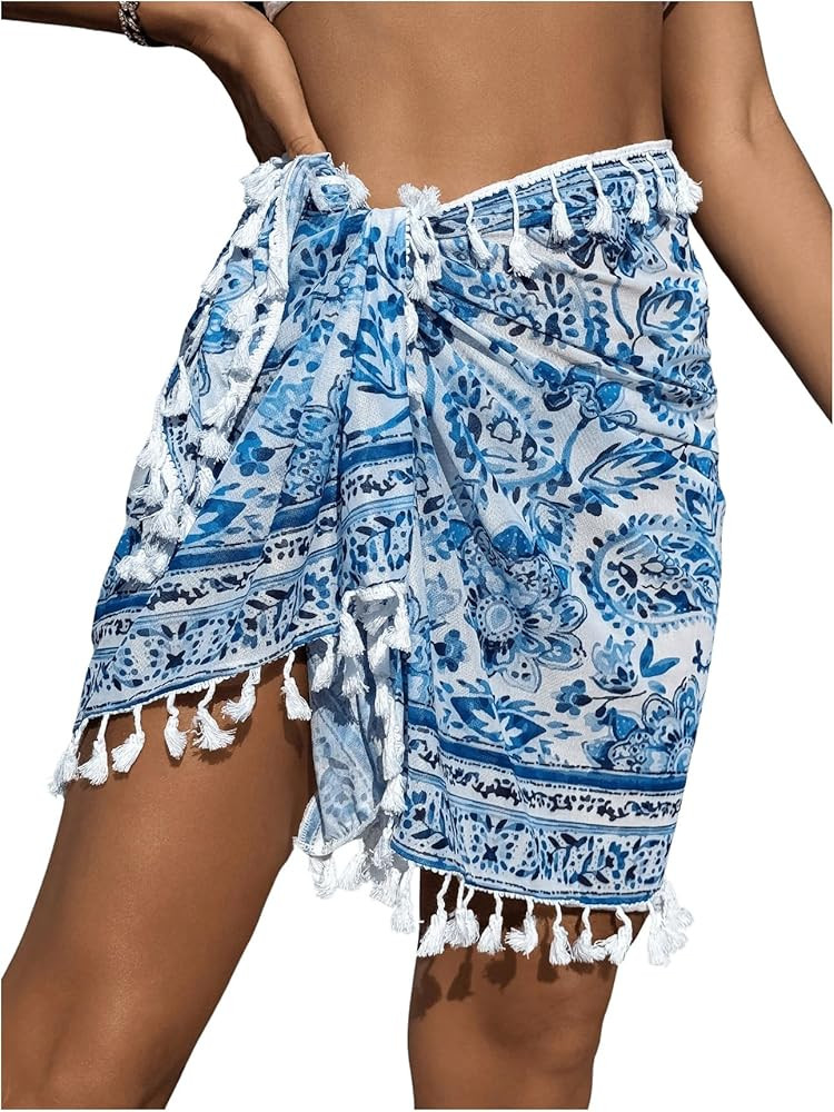 SHENHE Women's Paisley Print Beach Sarong Pareo Coverups Wrap Short Skirt with Tassels | Amazon (US)