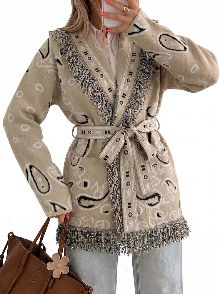 Tankaneo Womens Fringe Cardigan Long Sleeve Paisley Sweaters with Belt | Amazon (US)
