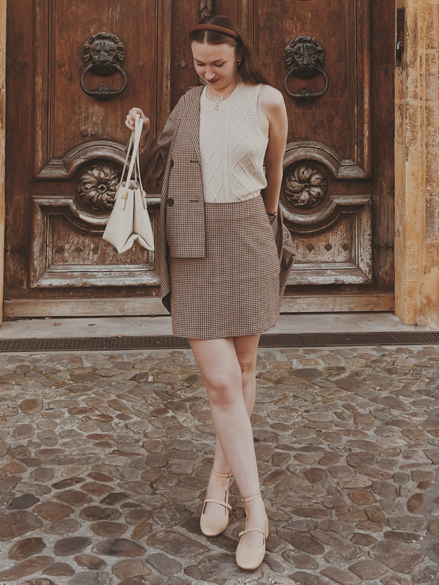 Cable knit beige sweater vest
Brown checkered blazer and skirt
Beige Mary Jane’s 
White bucket bag

#LTKStyleTip #LTKOver40 #LTKU