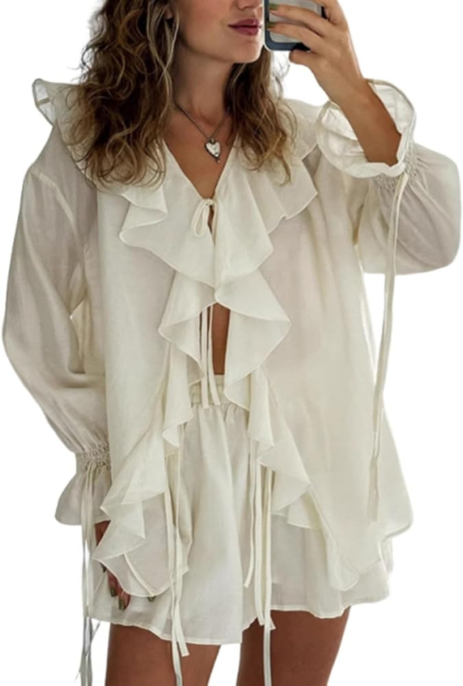 codcm Womens Ruffle 2 Piece Outfits Long Sleeve V Neck Tie Front Top and Shorts Loungewear | Amazon (US)