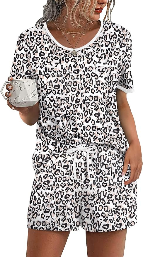 Ekouaer Pajama Set for Women 2 Piece Lounge Set Short Sleeve Tops and Shorts Soft Sleepwear, Ches... | Amazon (US)