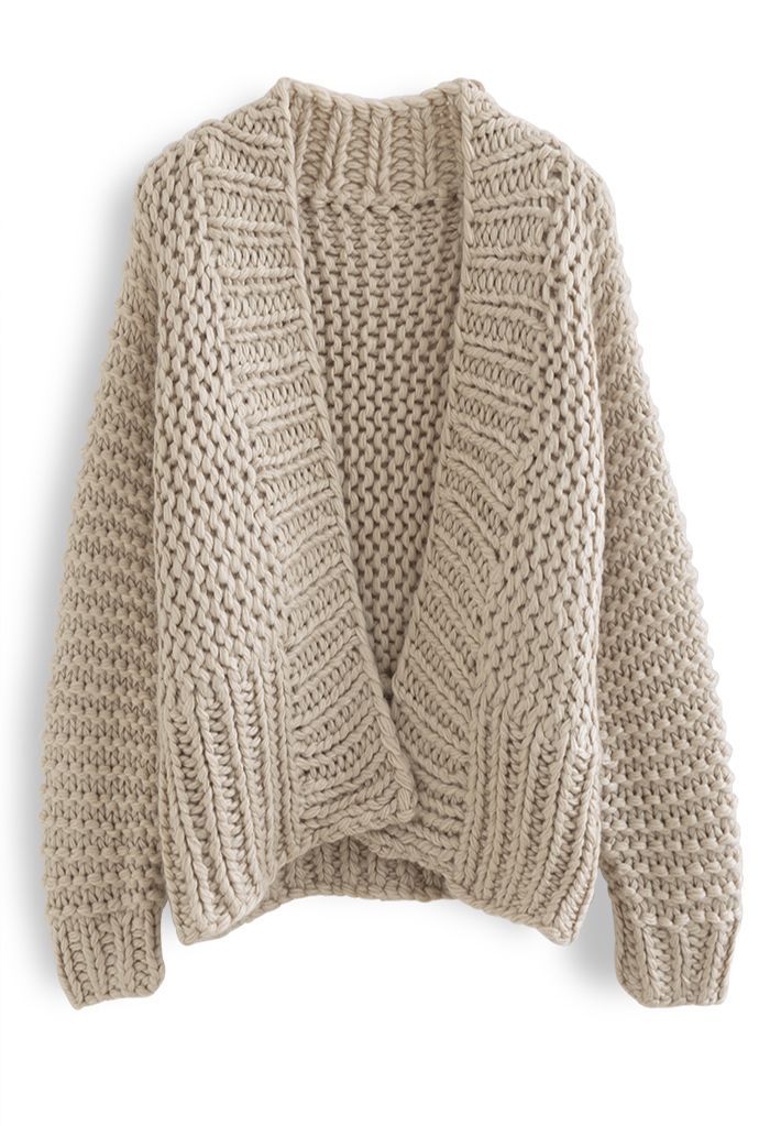 Solid Color Hand-Knit Chunky Cardigan in Camel | Chicwish