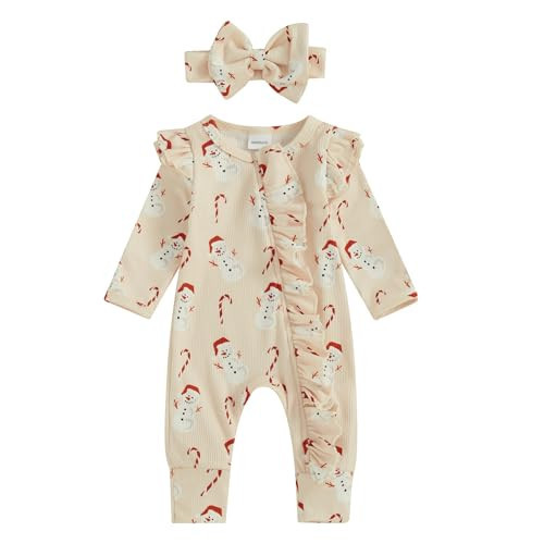 Newborn Baby Girl Christmas Outfit Santa Claus Ruffle Romper Long Sleeve Zipper Jumpsuit Christmas Baby Clothes (Xmas Snowman-beige,3-6 Months) | Amazon (US)