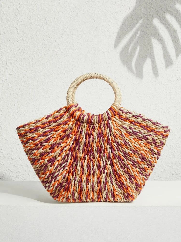 Color Block Top Ring Straw Bag | SHEIN
