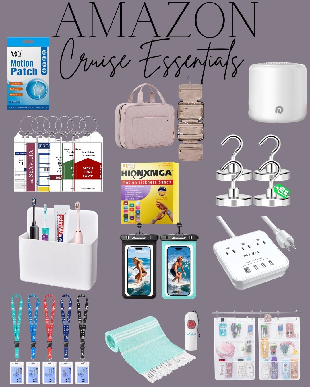 Cruise essentials from Amazon 

Travel organizer 
Magnetic toothbrush holder 
Motion sickness bracelet 
Motion sickness patches 
Cruise tags 
Suitcase tags 
Sand free beach towel 
Portable sound machine 
Waterproof case 
Magnetic hooks 

#LTKTravel #LTKmomlife #LTKSaleAlert