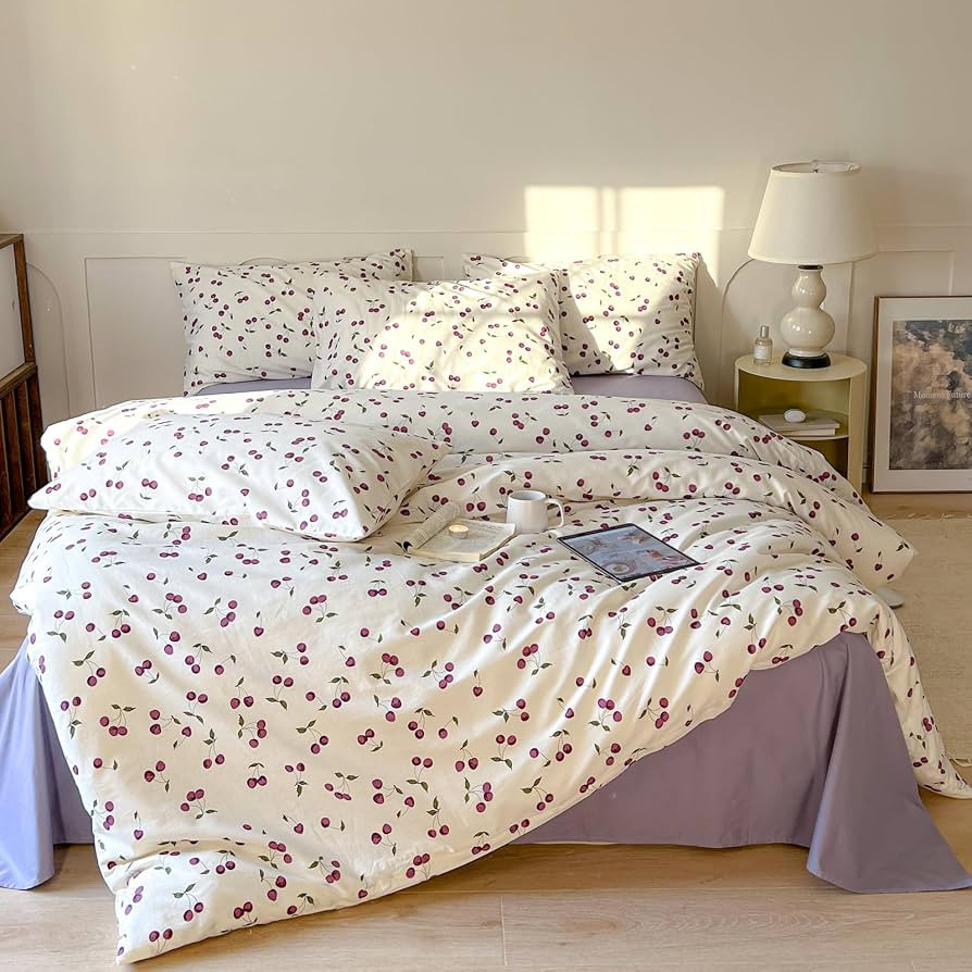 VM VOUGEMARKET Girls Cherry Prints Bedding Set Queen Purple White Duvet Cover with 2 Pillowcases ... | Amazon (US)