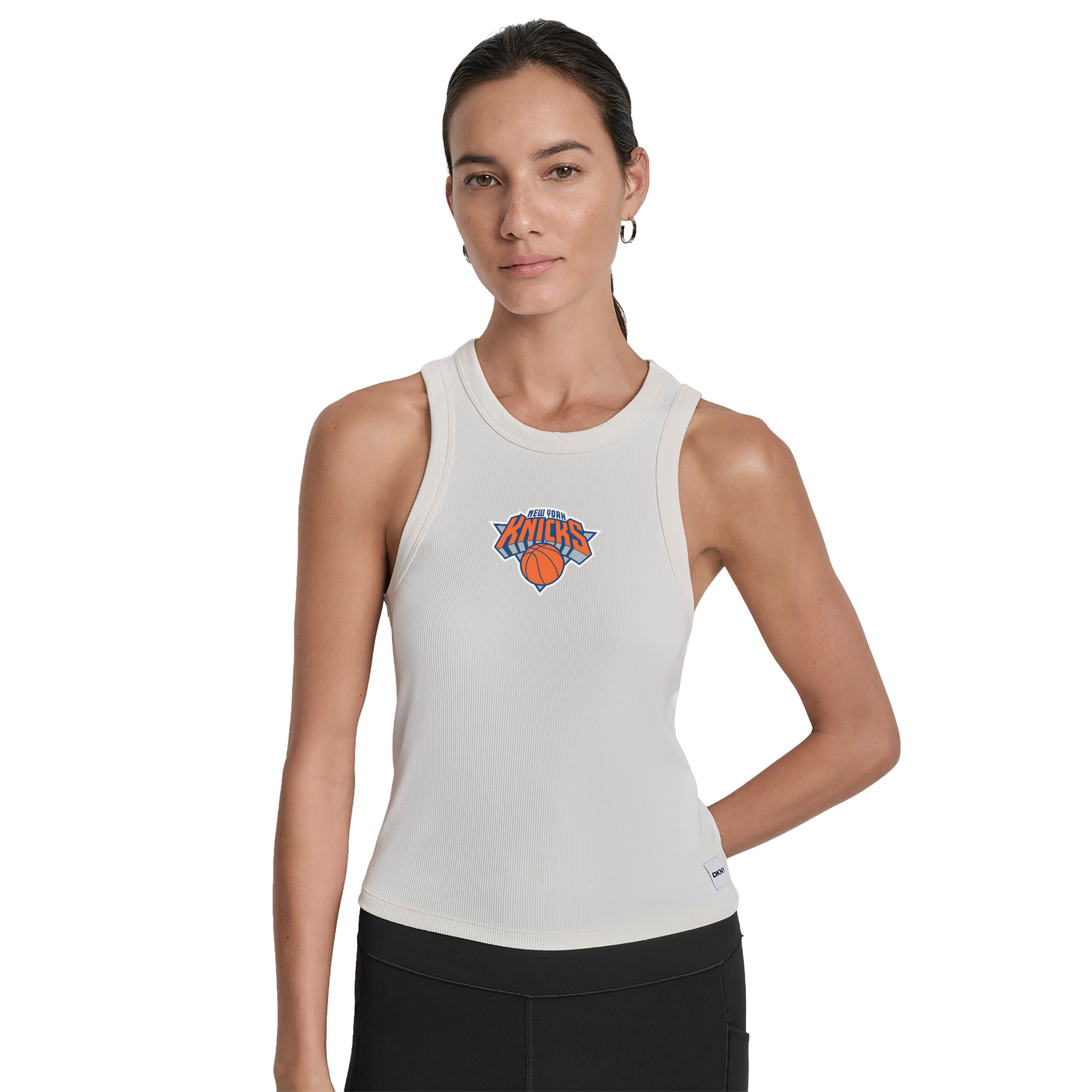 Women's DKNY  White New York Knicks  Hudson Rib High Neck Tank Top | Fanatics