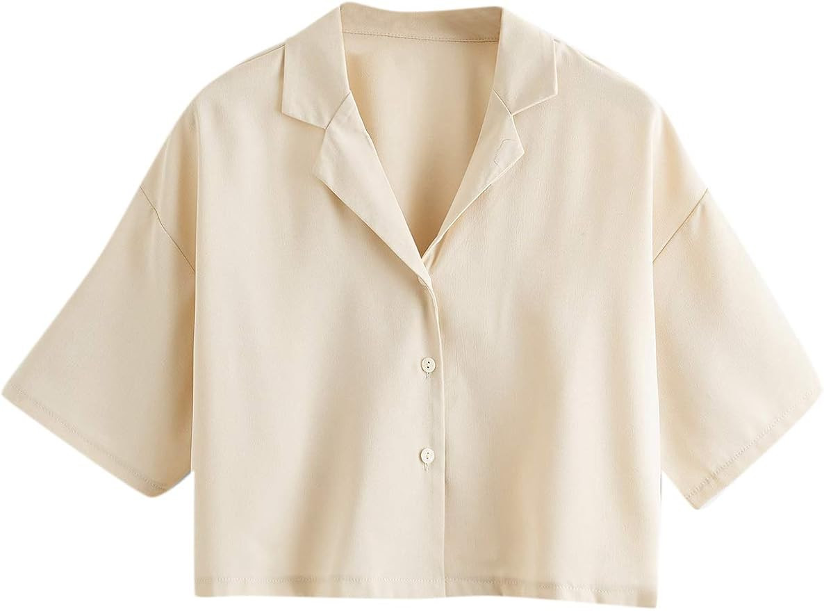SweatyRocks Women's Short Sleeve Lapel Collar Button Down Shirt Plain Crop Top Blouse | Amazon (US)