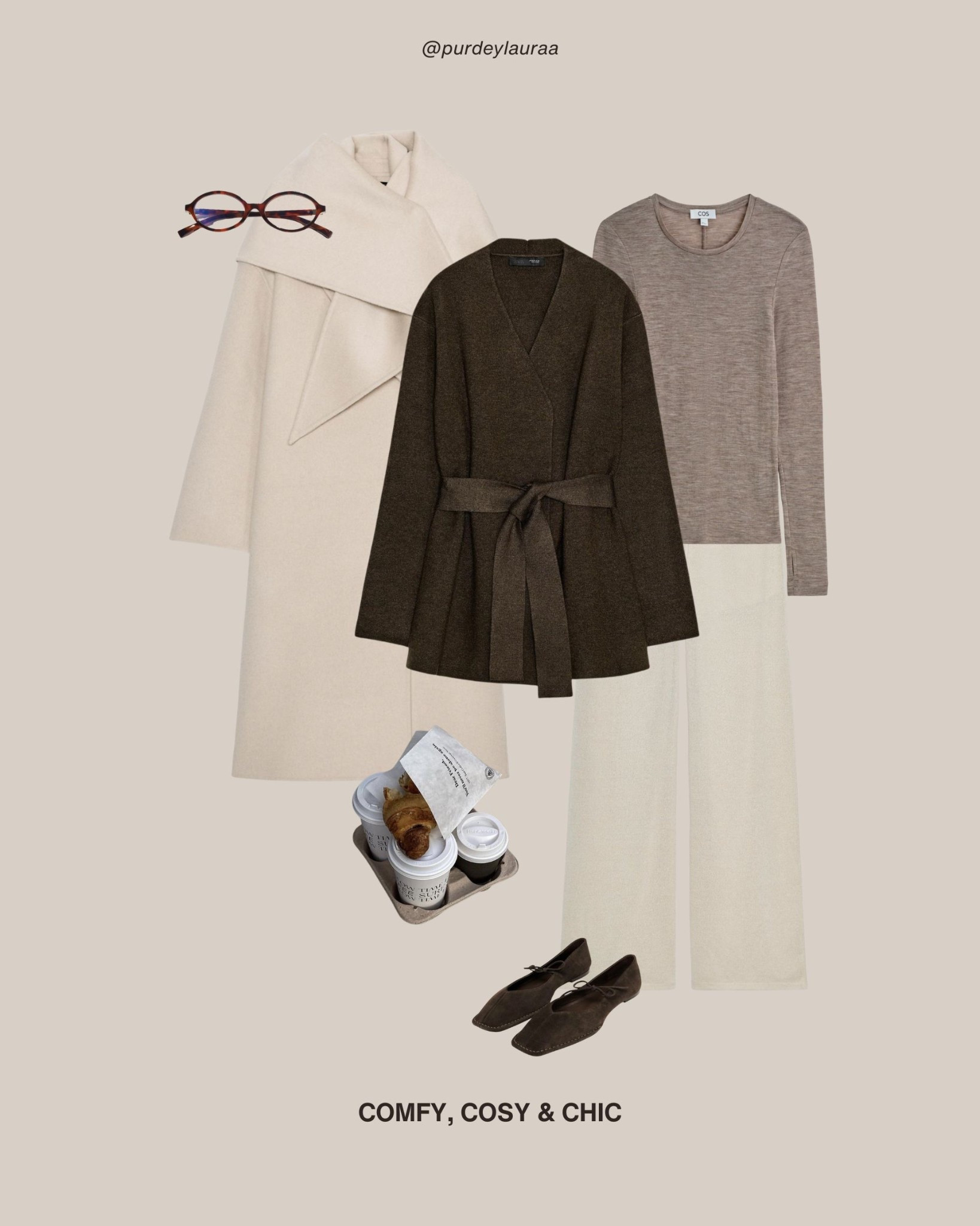 Cosy comfy chic outfit, brown cardigan, cream coat, scarf coat, chic style, mum style, loungewear outfit, Zara, Alohas, Marks and Spencer, COS, H&M

#LTKuk #LTKautumn #LTKwinter