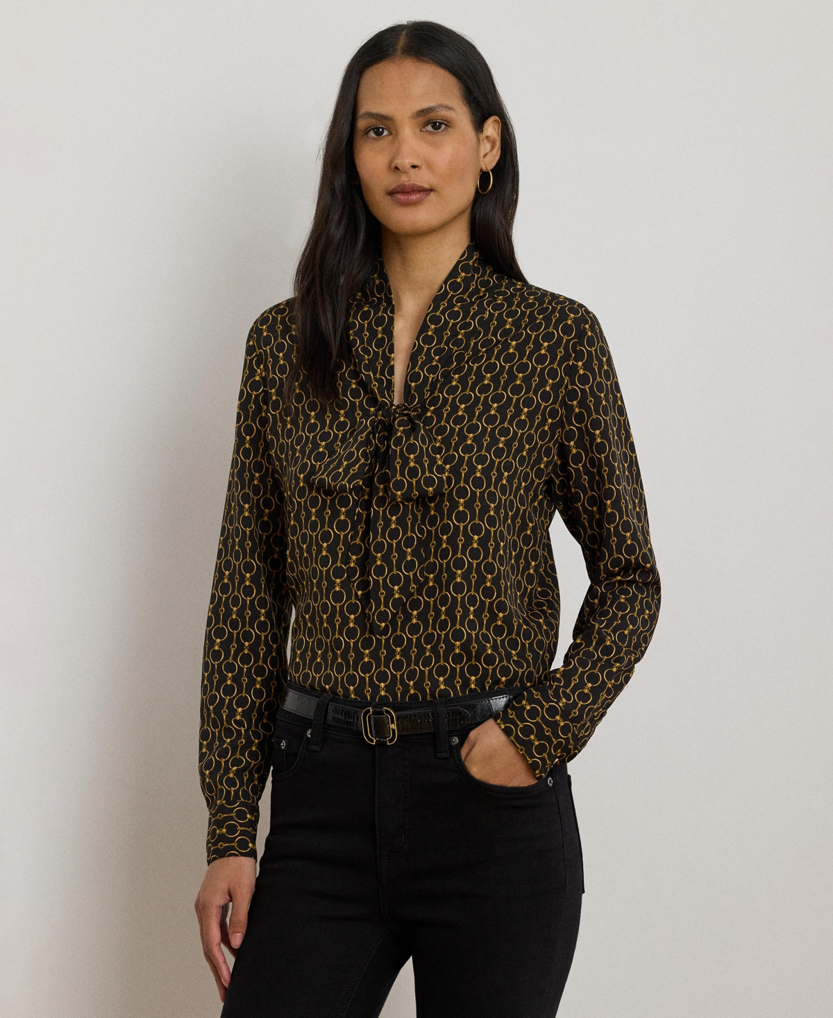 Lauren Ralph Lauren Women's Chain-Print Tie-Neck Blouse - Black Multi | Macy's