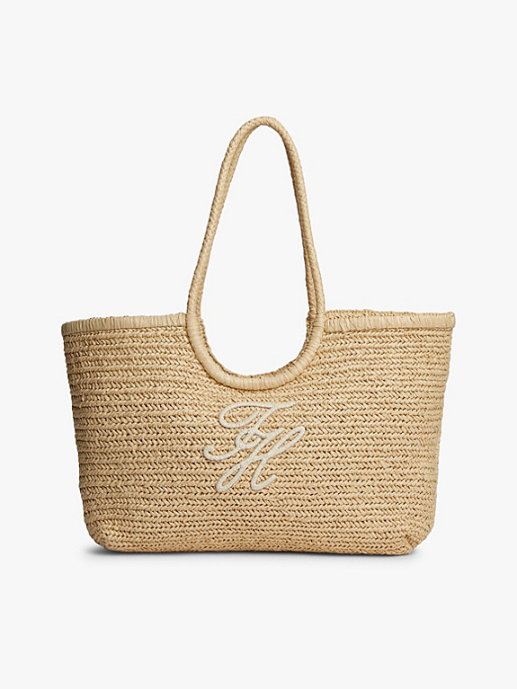 Raffia Textured Logo Tote Bag | Beige | Tommy Hilfiger | Tommy Hilfiger UK