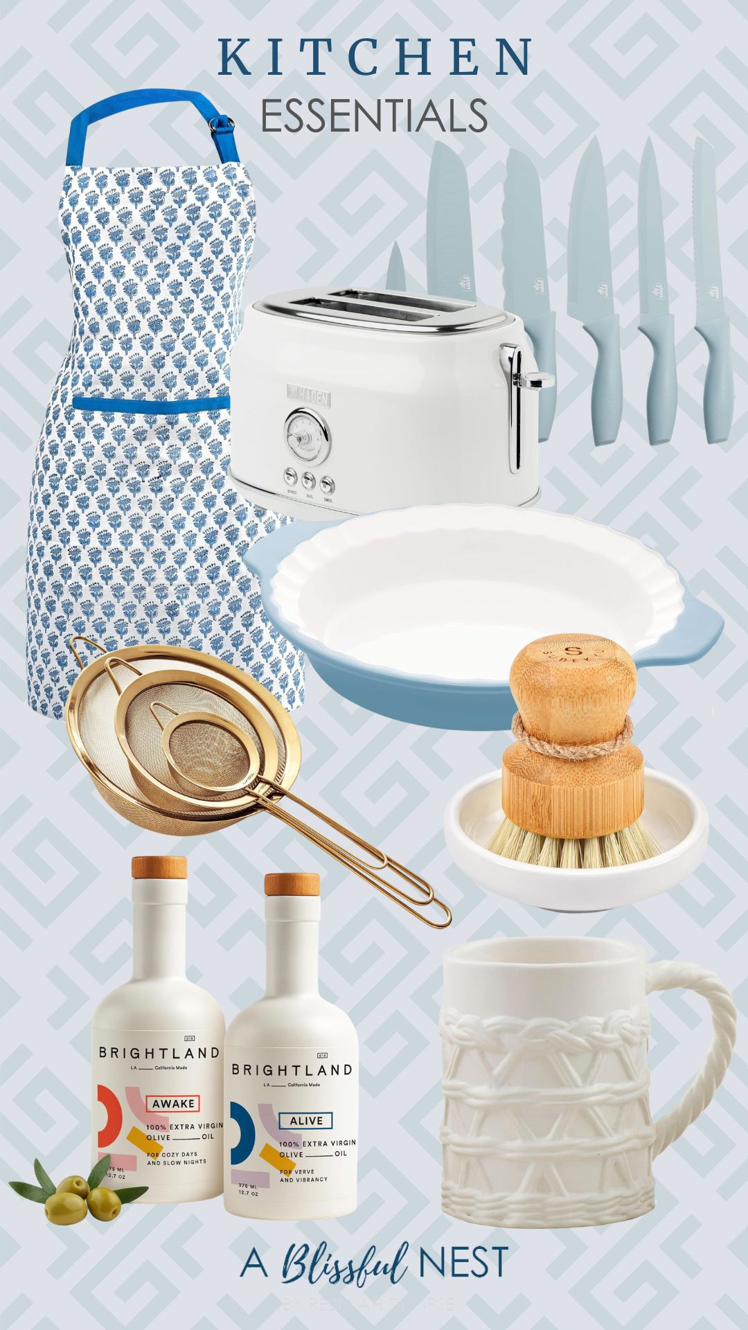 Timeless kitchen essentials that blend function and style. Get them here.

floral kitchen apron, blue kitchen knife set, Haden Dorset toaster, KitchenAid pie plate, Mud Pie woven ceramic mug, bamboo dish scrub brush, fine mesh strainer, olive oils. 

 #LTKHome