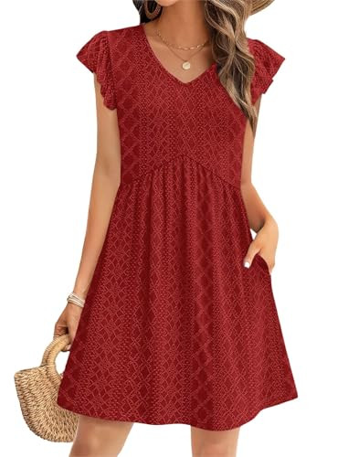 Red Dress Casual Dresses for Women Elegant Classy V Neck Babydoll Mini Dress Ruffle Sleeve Swing Dress Summer Sundress Spring Outfits Party Dresses Valentine Red M | Amazon (US)