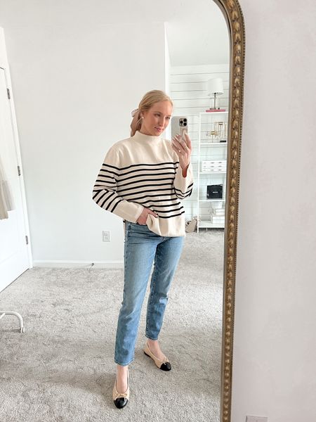 Classic fall outfit styling a striped mock neck sweater with straight madewell jeans (sized down to 27). Finish the look with flats or mules.  

#LTKstyletip #LTKSeasonal