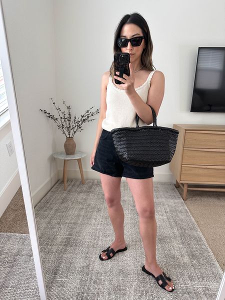 Reformation try-on’s. Reformation knit tank. Very cute. Roomy in the xs but comfy! 

Reformation knit tank xs
Agolde Dee shorts 26. Sizes up 2 sizes. Could go up 1 size. 
Hermes Oran sandals 35
Dragon Diffusion tote small
YSL sunglasses 

#LTKshoecrush #LTKitbag #LTKSeasonal