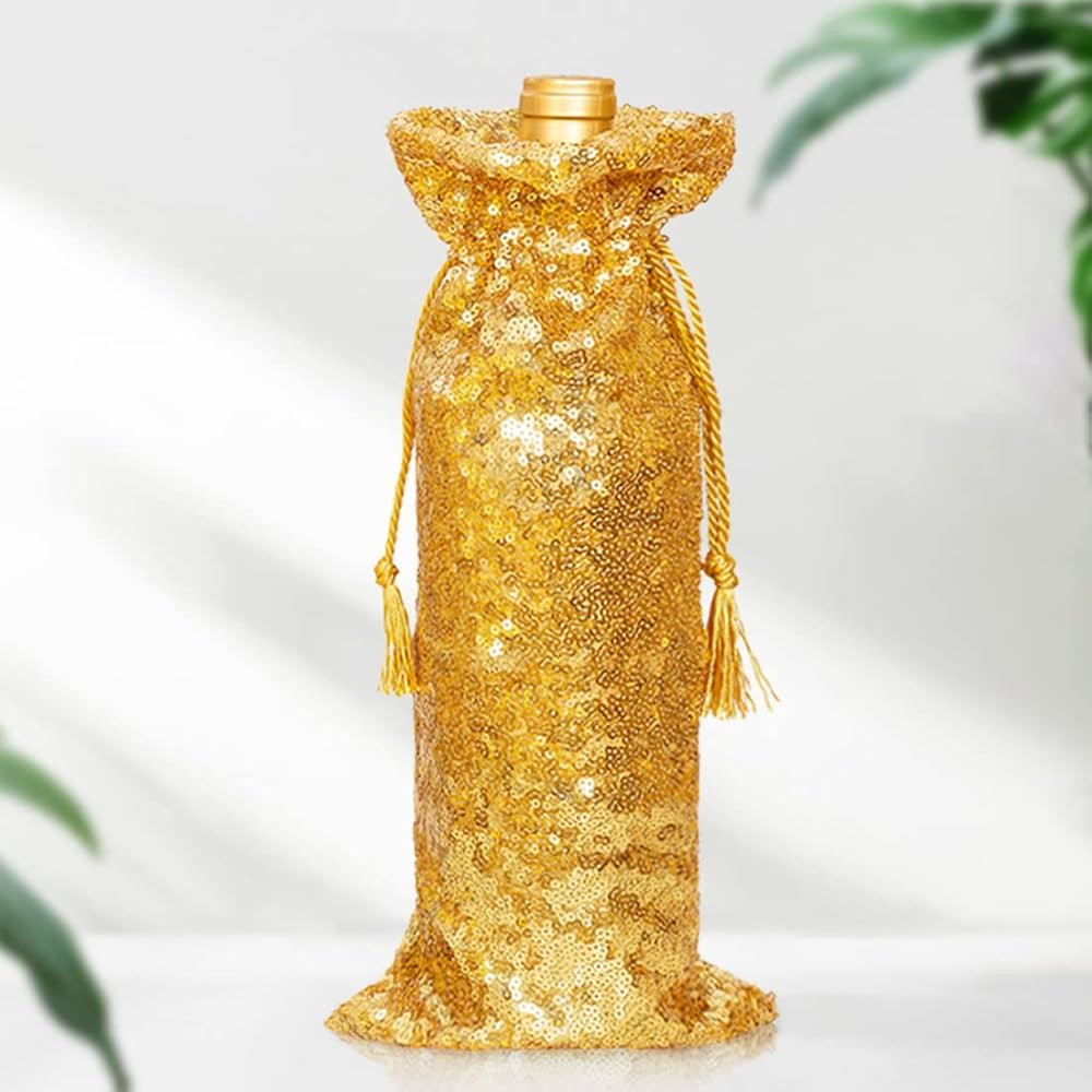 SquarePie Gold Sequin Wine Gift Bag 4 Pcs with Drawstrings 5.5 x 14 Inch Glitter Wine Bottle Cove... | Amazon (US)