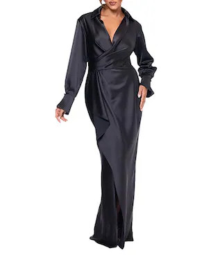Xscape Petite Size Long Sleeve Collared V-Neck Satin Dress | Dillard's | Dillard's