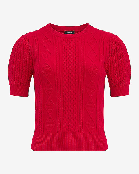 Cable Knit Crew Neck Puff Sleeve Sweater | Express