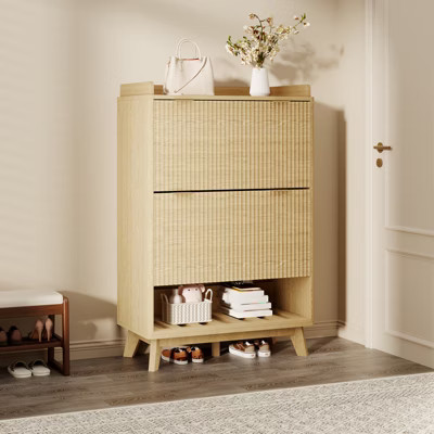 Fluted Shoe Cabinet for Entryway , Modern Narrow Shoe Organizer Storage , Bottom Open Shelf, 2 Flip Drawers, Adjustable Shelves | Target