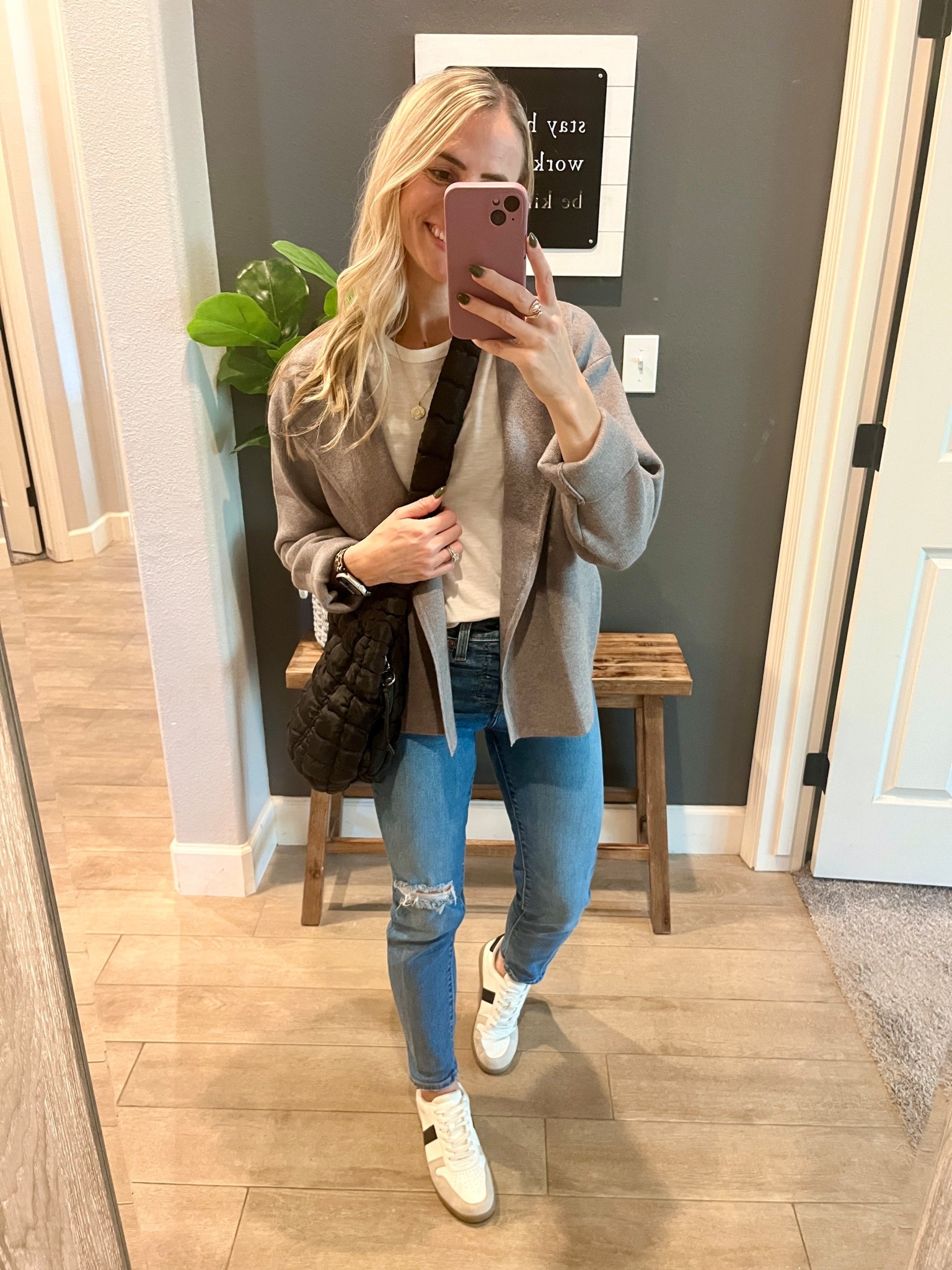 Casual mom outfit. Basic white tee, straight leg jeans, sneakers and this jacket that I love that is great for work too! 

#LTKWorkwear #LTKPetite
