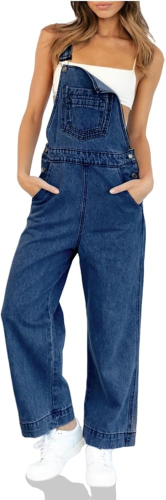 PLNOTME Women's Loose Fit Denim Overalls Casual Revolt Wide Leg Bib Jeans Pants Jumpsuits | Amazon (US)
