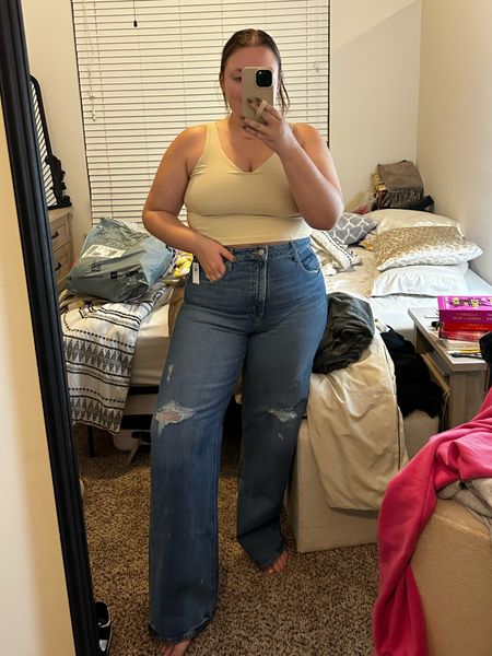 Midsize structured wide leg denim that’s affordable!! Wearing a 16 tall here and I’m going to cut a lil off to make a raw hem! Super high rise and structured but not uncomfortable which I love!

#LTKmidsize #LTKCyberWeek #LTKfindsunder50