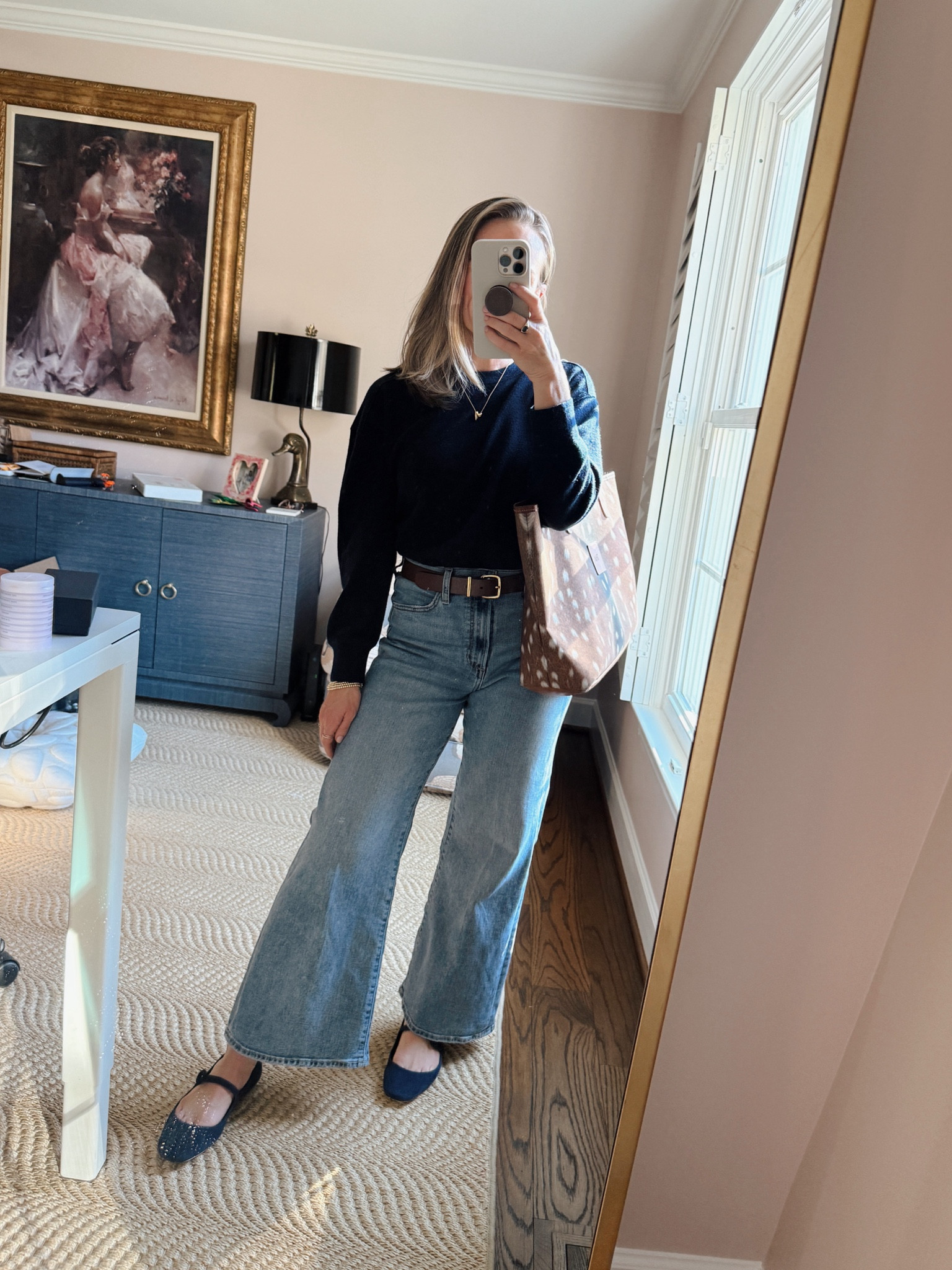 Wide leg jeans - TTS 

Love this cashmere sweater! 

Ballet flats are a splurge but so comfortable, timeless and versatile. 

I’ve had this tote for years and it looks brand new. Comes in a million colorways  

#LTKShoeCrush #LTKOver40