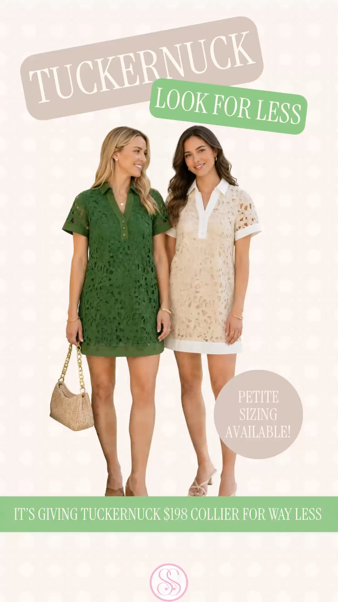 Tuckernuck Collier dress look for less | eyelet mini dress | Belk dress | preppy summer dress | designer look for less

This $35 Belk dress is giving the $198 Tuckernuck Collier Dress look for way less. 

The short sleeve mini silhouette, collared V-neckline, contrast trim, button detail, fully lined body, and elevated eyelet texture make this look far more expensive than the sale price. It has that polished Tuckernuck style summer dress energy without the Tuckernuck price tag.

The green feels classic and preppy, and the tan with white contrast trim is such a good neutral option. Petite sizing is available too.

This is the dress you grab for brunch, vacation dinners, beach town shopping, church, bridal showers, baby showers, graduation parties, resort lunches, date nights, casual summer events, and every preppy warm-weather plan. 

Style it with gold sandals, raffia slides, pearl earrings, a woven bag, white sandals, wedges, or a cardigan over your shoulders.

If you love Tuckernuck dresses, Collier dress style, eyelet dresses, mini dresses, preppy summer dresses, Belk finds, Crown & Ivy dresses, vacation outfits, resort style, and designer looks for less, this $35 sale find is the one to grab before everyone else discovers it. 

Tuckernuck Collier dress look for less, Tuckernuck look for less, Tuckernuck inspired dress, eyelet mini dress, eyelet dress, Belk dress, Crown and Ivy dress, Crown & Ivy dress, green mini dress, tan mini dress, collared dress, V neck dress, short sleeve dress, petite dress, preppy summer dress, vacation dress, resort dress, brunch dress, bridal shower dress, baby shower dress, graduation dress, designer look for less

#LTKFindsUnder50 #LTKFindsUnder100 #PreppyStyle #LookForLess #Tuckernuck #WeddingGuestDress #ShiftDress #SummerDress #SummerOutfit

#LTKWorkwear #LTKWedding #LTKSaleAlert