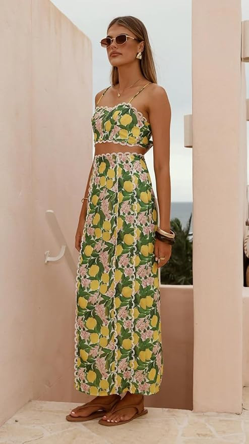 Women's Summer Holiday 2 Piece Outfit Floral Print Backless Cami Top and High Waisted Maxi Slit S... | Amazon (US)