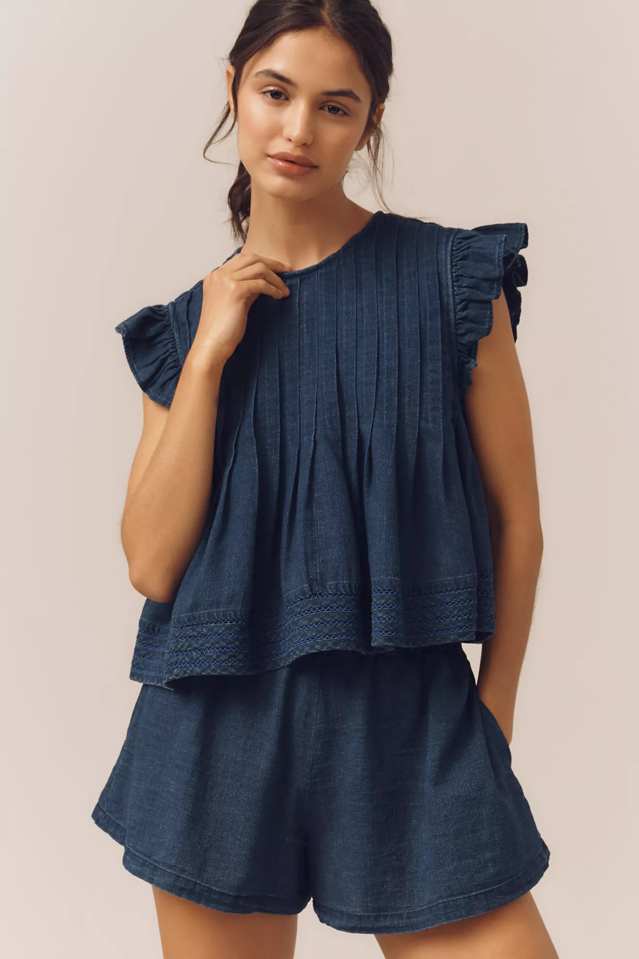 Pilcro Ruffle-Sleeve Pleated Denim Swing Top | Anthropologie (US)