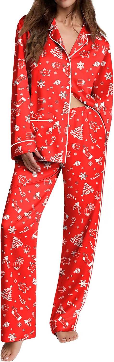 Ekouaer Womens Pajama Sets Satin Silk Pjs Long Sleeve Button Down Sleepwear | Amazon (US)