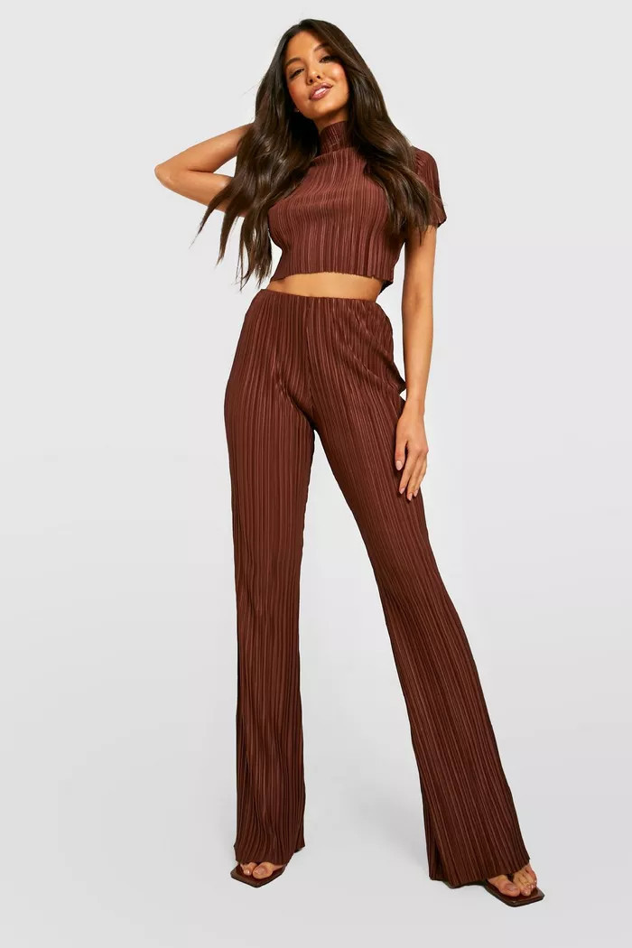 Plisse Flared Leg Trousers | Boohoo.com (UK & IE)