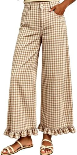 Tanming Women's Gingham Pants Casual Wide Leg Ruffle Hem Lounge Pants Plaid Trousers with Pockets | Amazon (US)