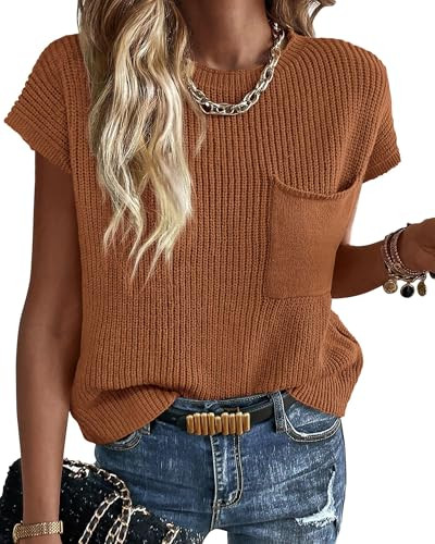 KIRUNDO Summer Fall Short Sleeve Sweater for Women 2025 Casual Sweater Vest Cotton Knit Pullover Tank Tops Fashion Clothing(Rust, X-Large) | Amazon (US)