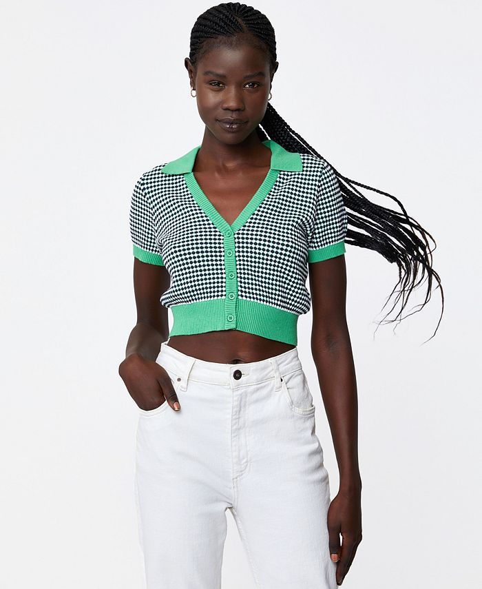 Women's Cotton Texture Short Sleeve Polo Cardigan Top | Macys (US)